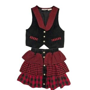 Vintage Hang Ten Kids Girl's Sm/Med Buffalo Plaid Outfit Skirt Corduroy Vest